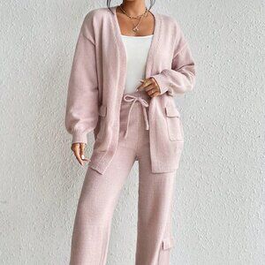 Pink Casual Womens Drop Shoulder Cardigan & Tie Front Knit Pants